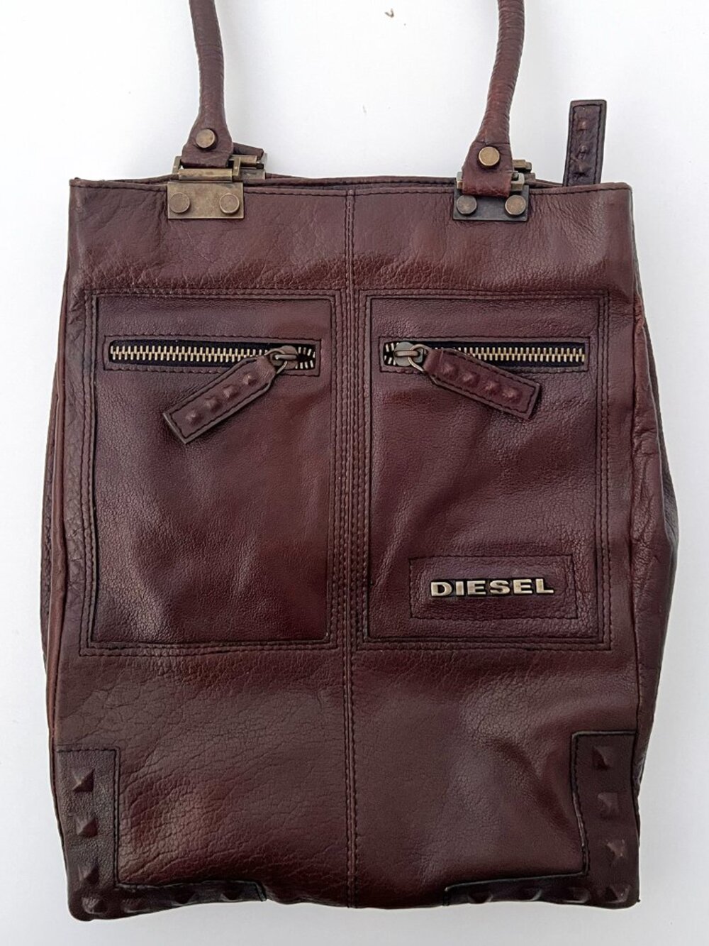 DIESEL Y2K Brown Distressed Leather Moto Studded Vertical Tote Shoulder Bag